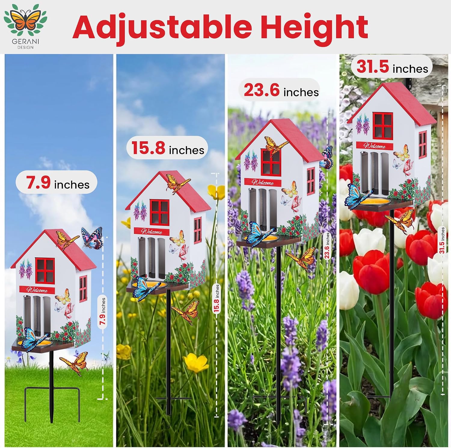 Butterfly House and Feeder for Outside - Wooden Butterfly Shelter with Metal Stake for Garden - 3 Mount Options