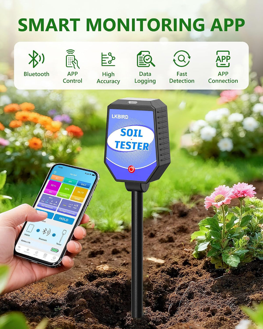 8-in-1 Soil Tester with APP Monitoring, Soil Moisture pH Meter, Light, Salinity, Fertility, EC, Temperature, Humidity