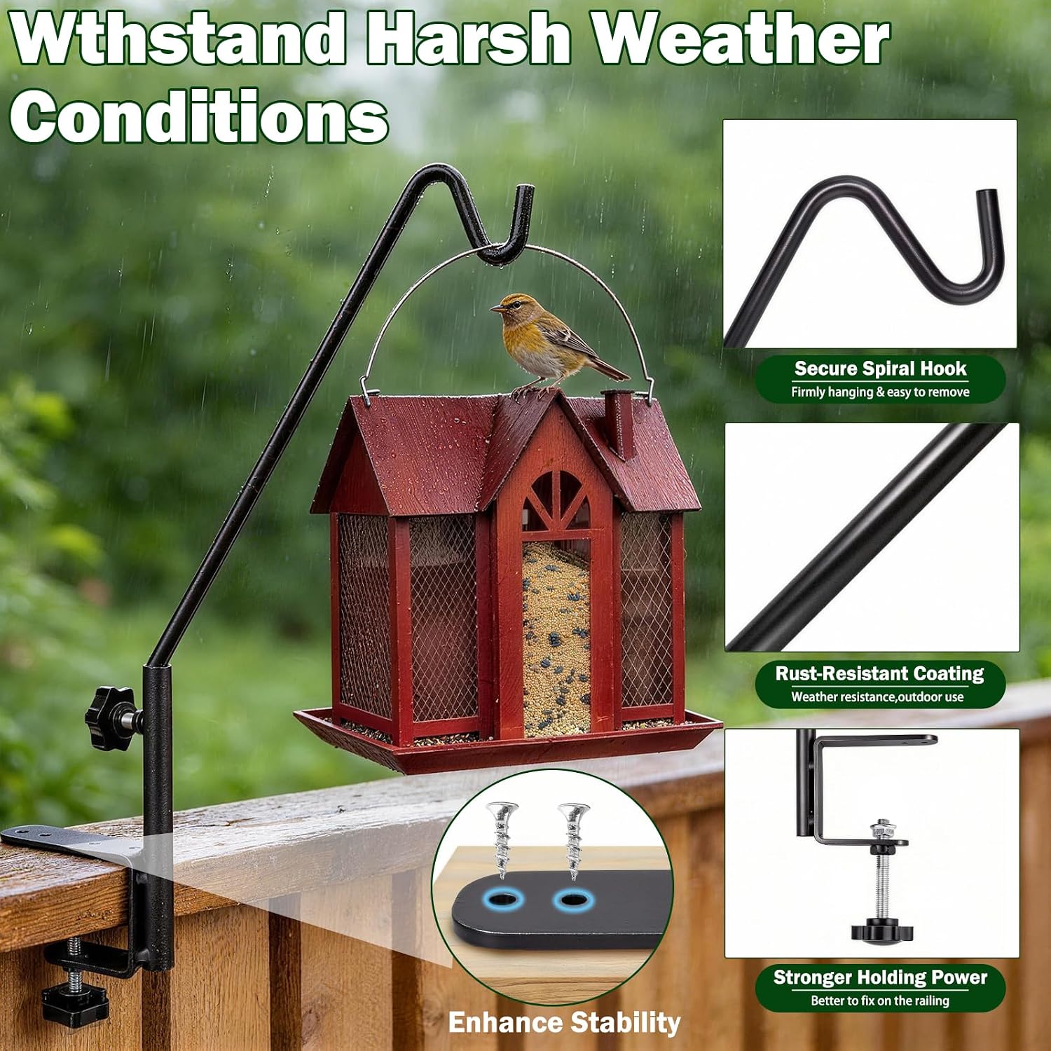 15 Inch Deck Hooks Hanger for Railing 2 PCS, 360° Swivel Adjustable | Heavy Duty Solid Shepherds Hooks for Outdoor
