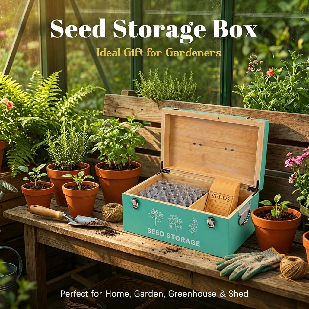 60 Slots Seed Storage Organizer, Bamboo Seed Box with Lid and Safety Locks | Bamboo, Strong Seal, Completely Blocks