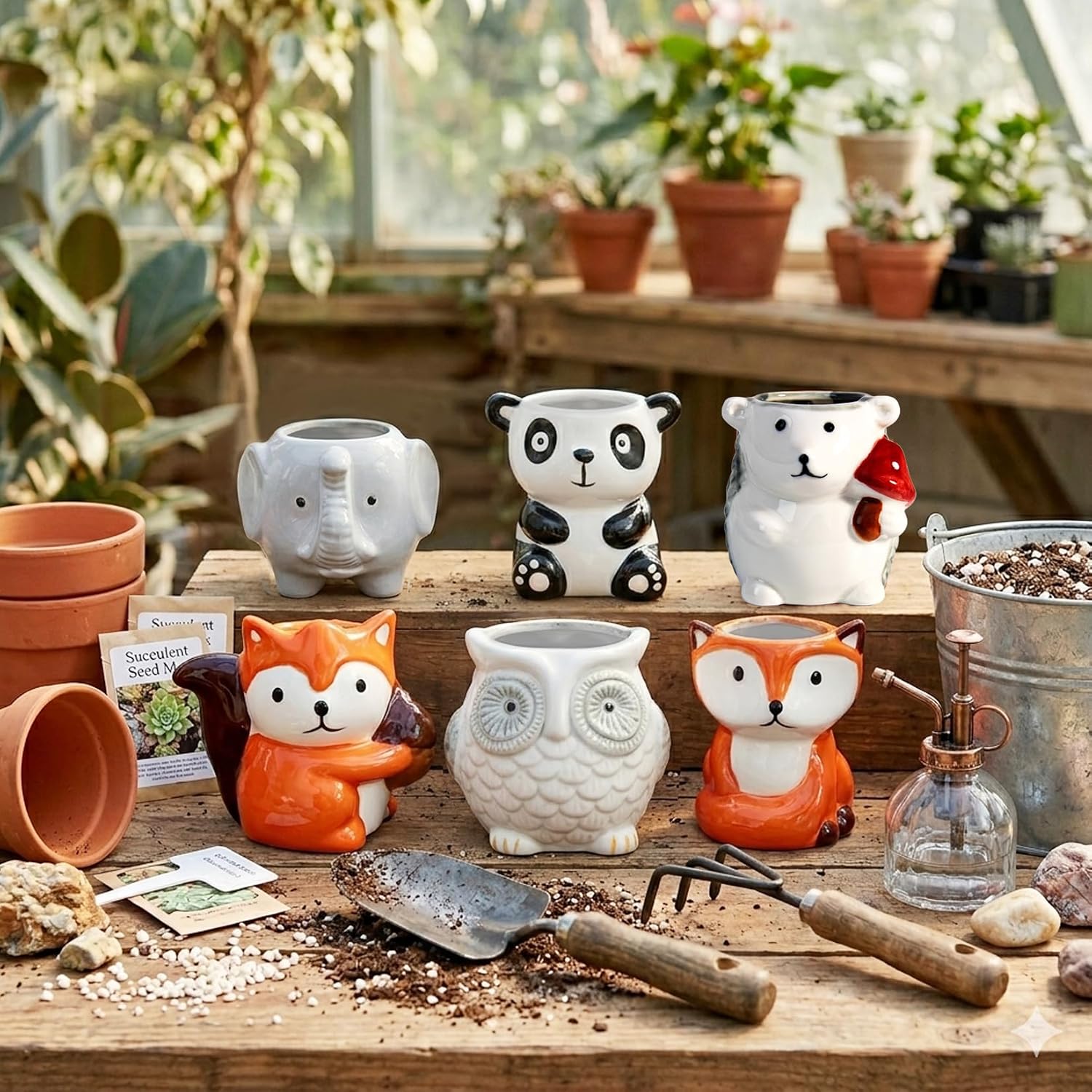 6 Pack Cute Cartoon Succulent Planters with Drainage - Small Animal Cactus Pots - Tiny Ceramic Flower Pots for Air