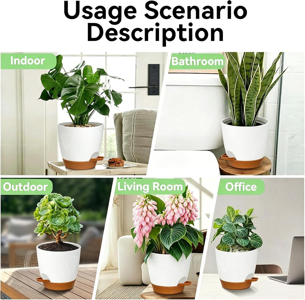 6-Pack Self Watering Pots for Indoor Plants, White | 5/5.5/6/6.5/7-inch sizes, Indoor/Outdoor Planters, Drainage Holes