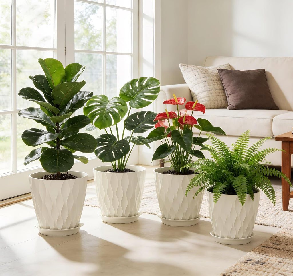 UOUZ 8 Inch Plant Pots, 4 Pack Plastic Planters for Indoor Outdoor with Drainage Holes & Saucers, Waffle Texture Flower