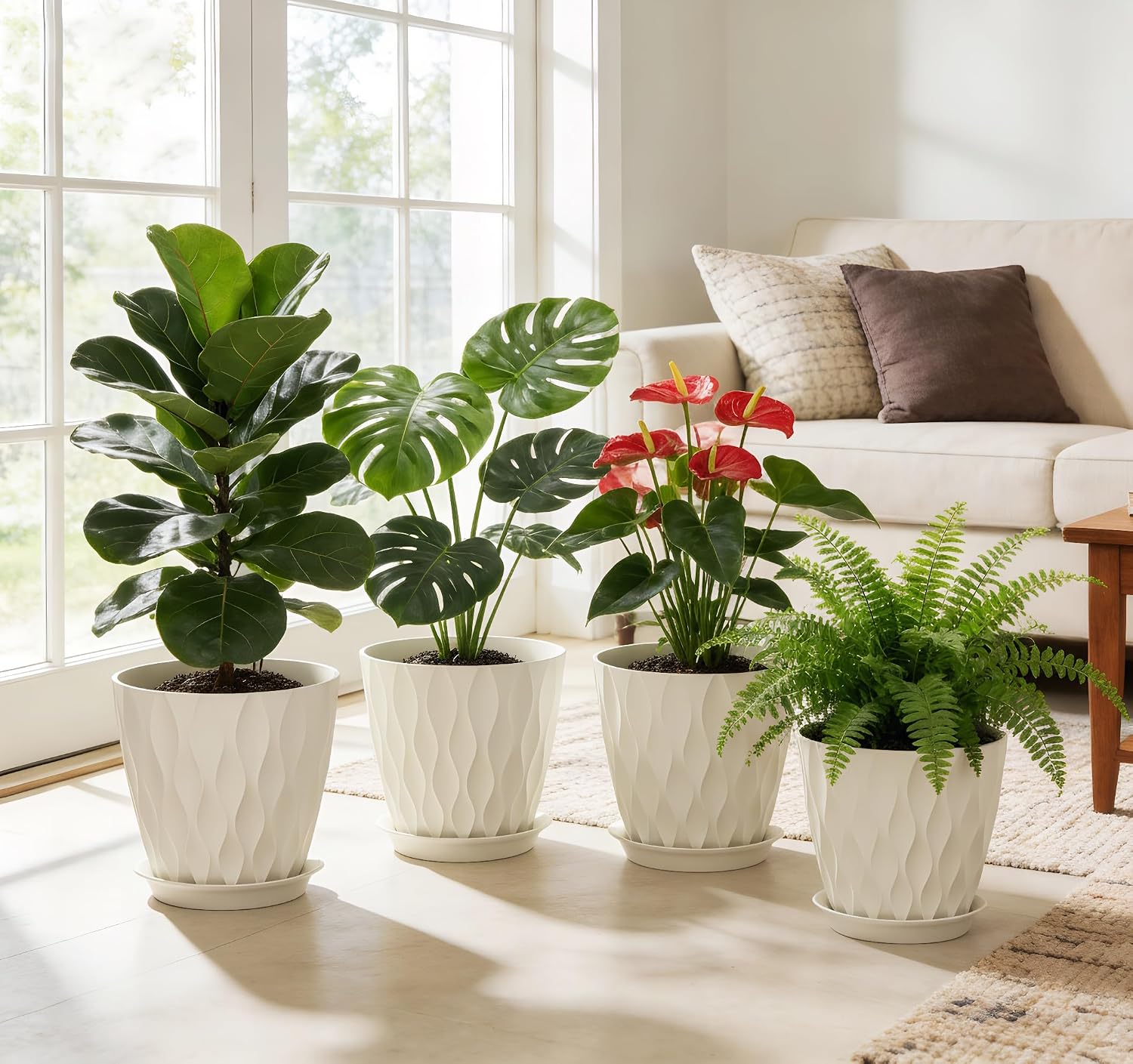 UOUZ 8 Inch Plant Pots, 4 Pack Plastic Planters for Indoor Outdoor with Drainage Holes & Saucers, Waffle Texture Flower