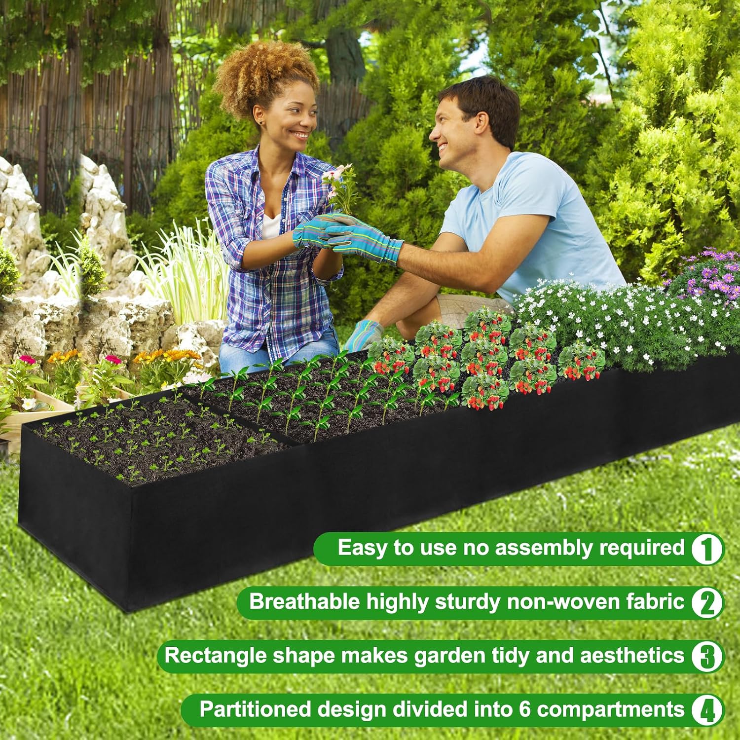 VZZNN 2Pack 12x2x1ft Fabric Raised Garden Bed - 6 Grids Plant Grow Bags, Outdoor Planter Box Non-Woven Fabric Patio