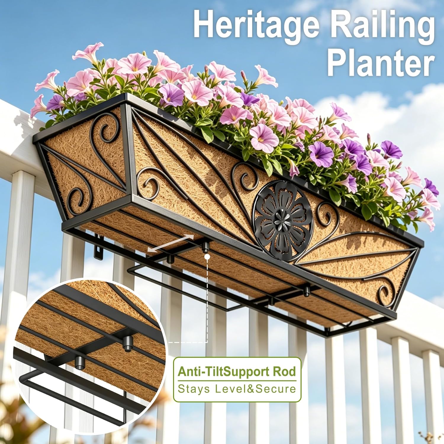 4 Pack 24 Inch Railing Planter Boxes | With Coco Liner, Floral Scroll Metal Window Box Planters, Classic Scrollwork