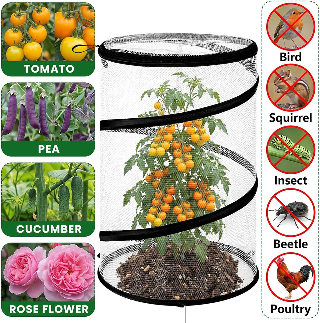 8 Pop up Mesh Plant Protectors from Animals Round Plant Netting Pest Cover Each Set with Stakes and Storage Bag for