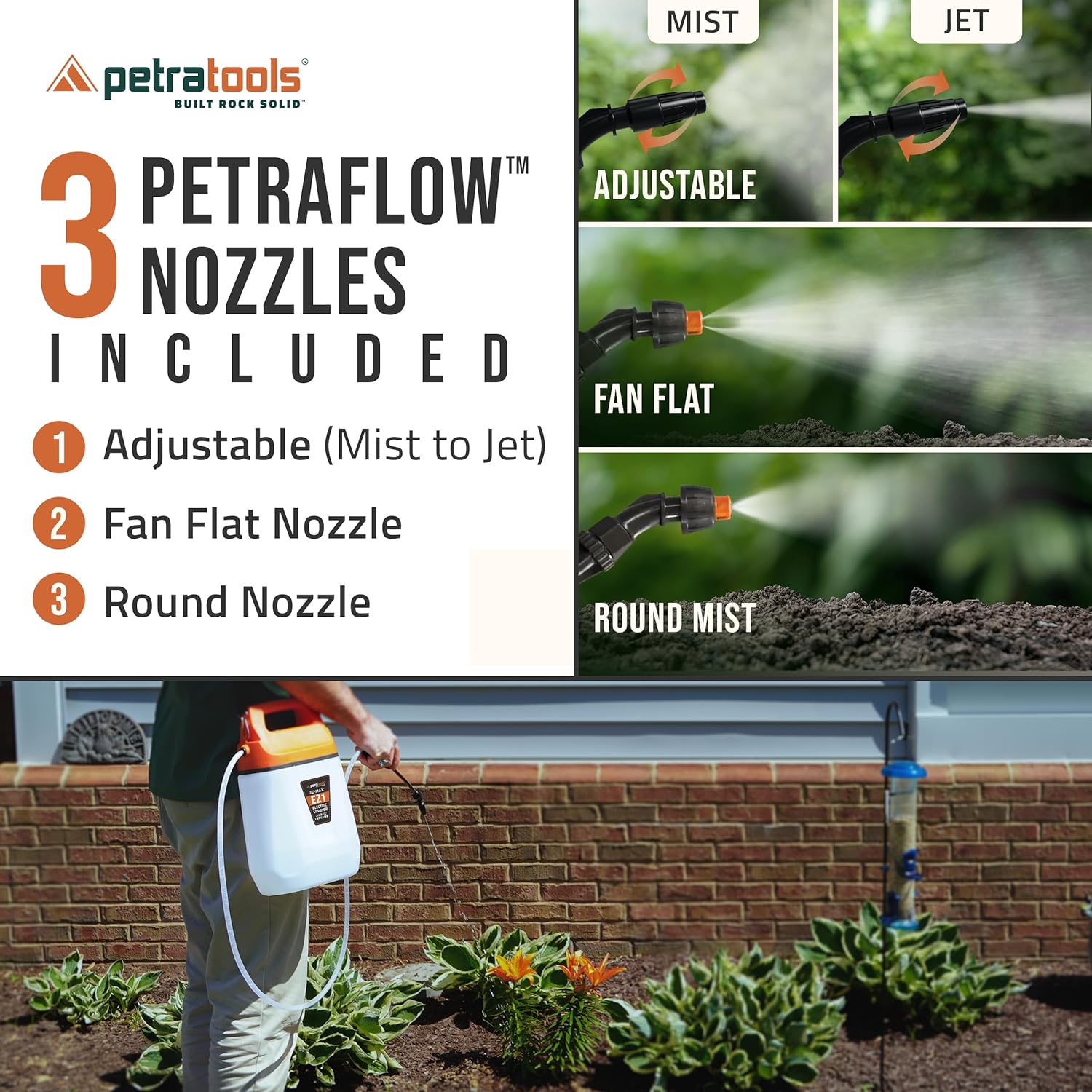 PetraTools EZ1 Battery Powered Sprayer - 3 Hr Runtime & 3 Nozzles, 1 Gallon | Sprays 20+ Gallons Per Charge - Lawn &