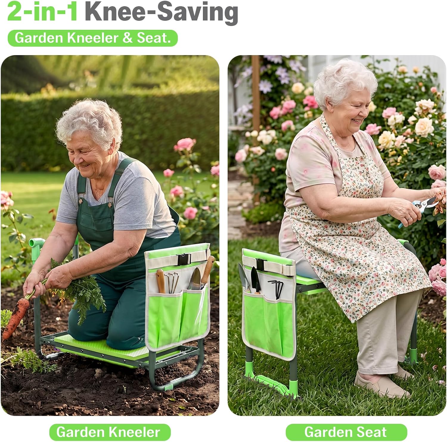 Garden Kneeler and Seat Heavy Duty, Foldable Gardening Stool Bench | With Widened Thick Soft Kneeling Pad and Tool