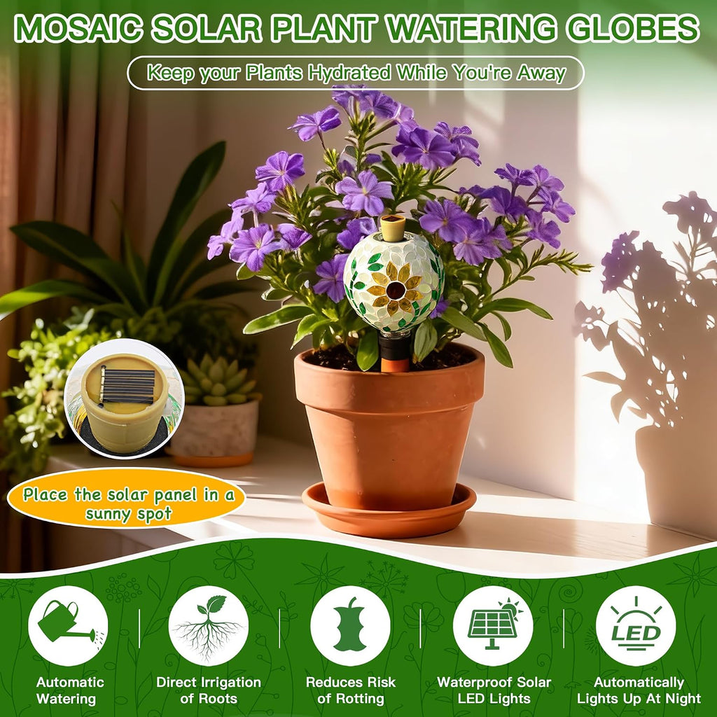 VOREEN Mosaic Plant Watering Globe with Terracotta Spike,Self-Watering Irrigation for Potted Plants,Sunflower-Inspired