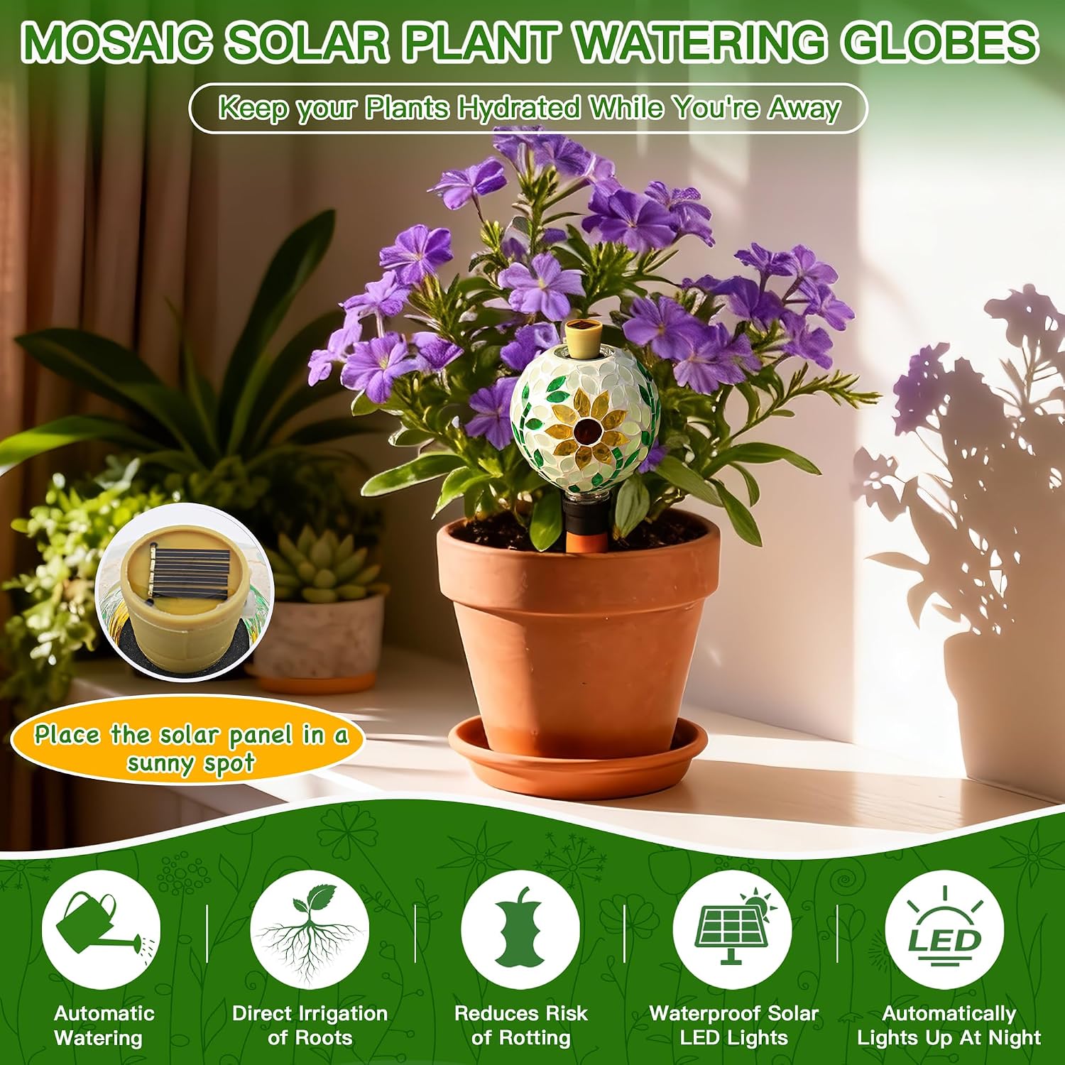 VOREEN Mosaic Plant Watering Globe with Terracotta Spike,Self-Watering Irrigation for Potted Plants,Sunflower-Inspired
