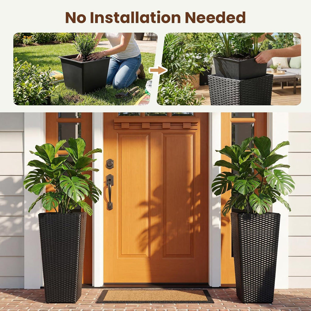 HAPPYGRILL 24" Tall Rattan Plant Pots Set of 2 with Adjustable Foot Pads | Outdoor Taper Planter w/Detachable Inner