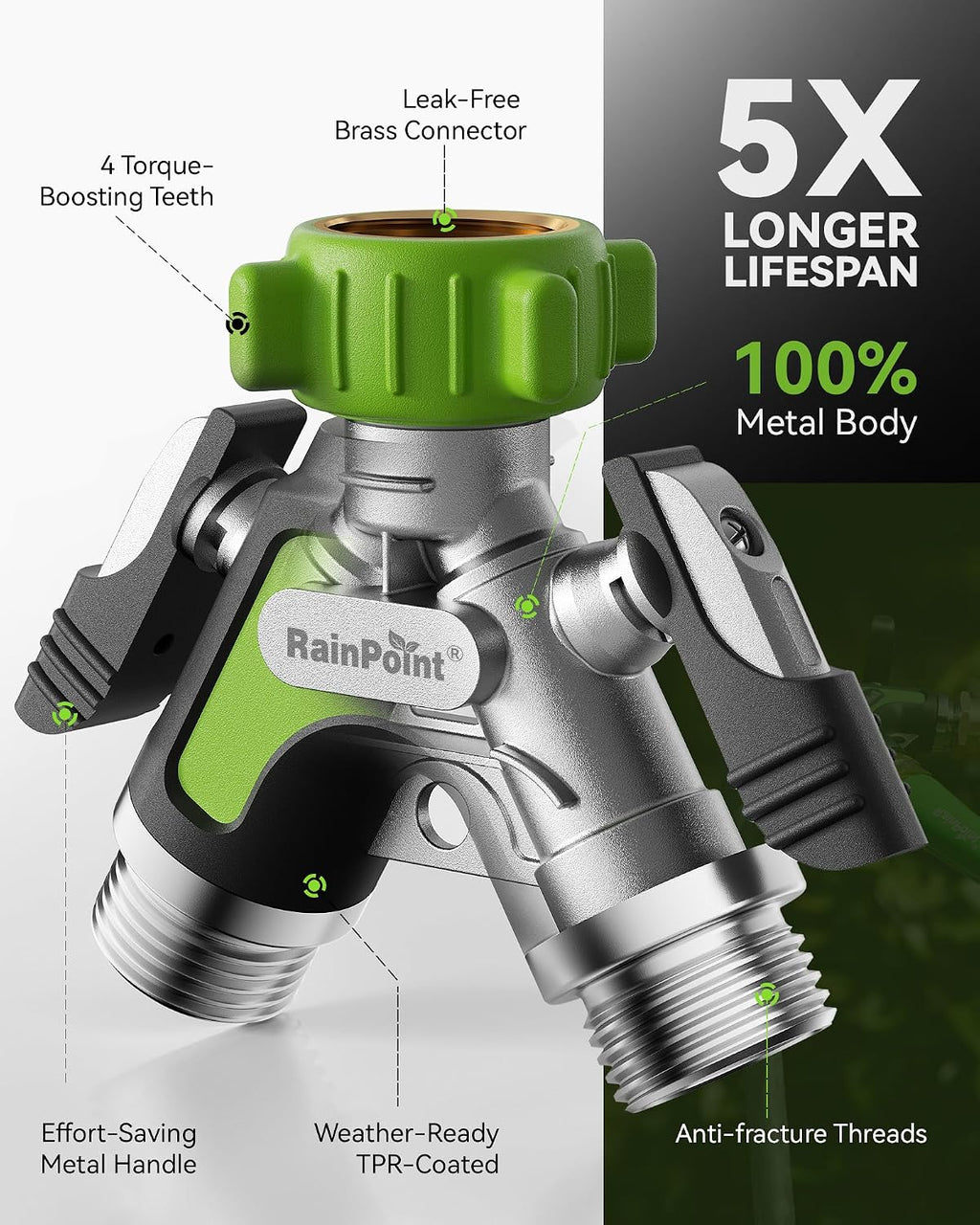 RAINPOINT Garden Hose Splitter 2 Way, All Metal Heavy Duty Water Hose Y Splitter With 2.05" Extra Long Side Handle &
