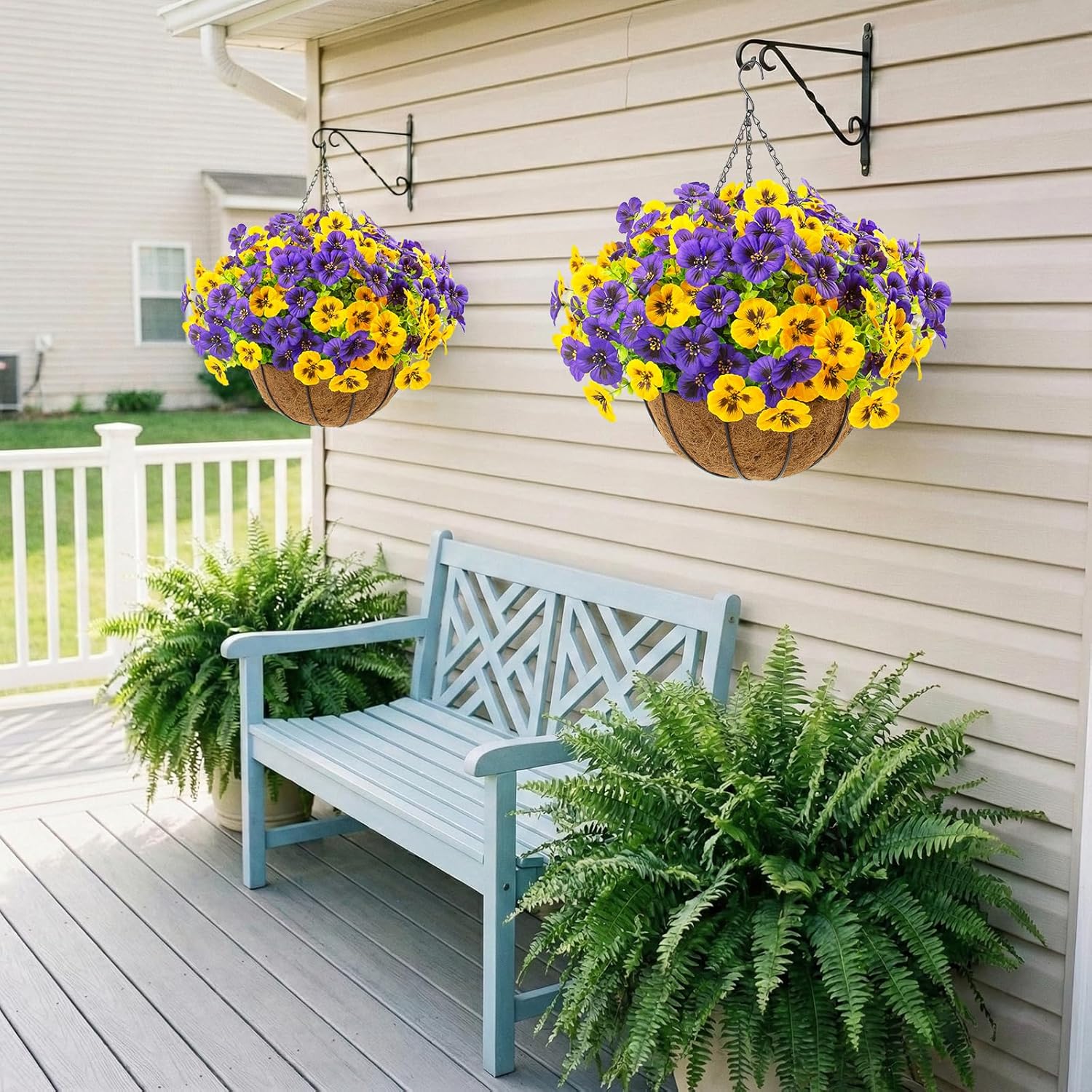 lovemoon 2 Sets Artificial Hanging Flowers with Baskets, 24 Pcs UV Resistant Faux Silk Pansies Outdoor Flower Pots for