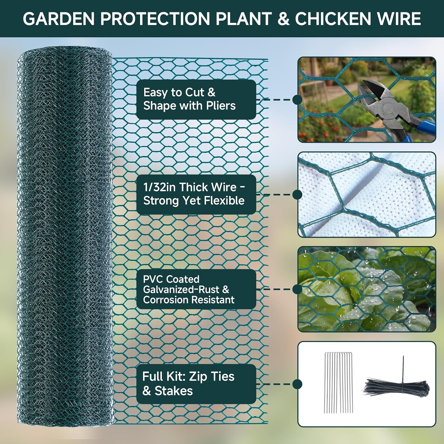 16in X 49.2Ft Chicken Wire Fencing Plant Protectors from Animals Green Roll | Anti-Rust Chicken Wire Mesh Hexagonal PVC