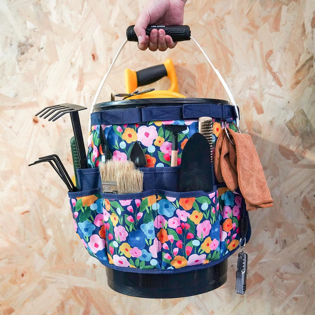 MELOTOUGH Bucket Caddy Organizer Bucket Tool Organizer for Garden Tools Fit 3.5 to 5 Gallon Bucket (Blue Flower)