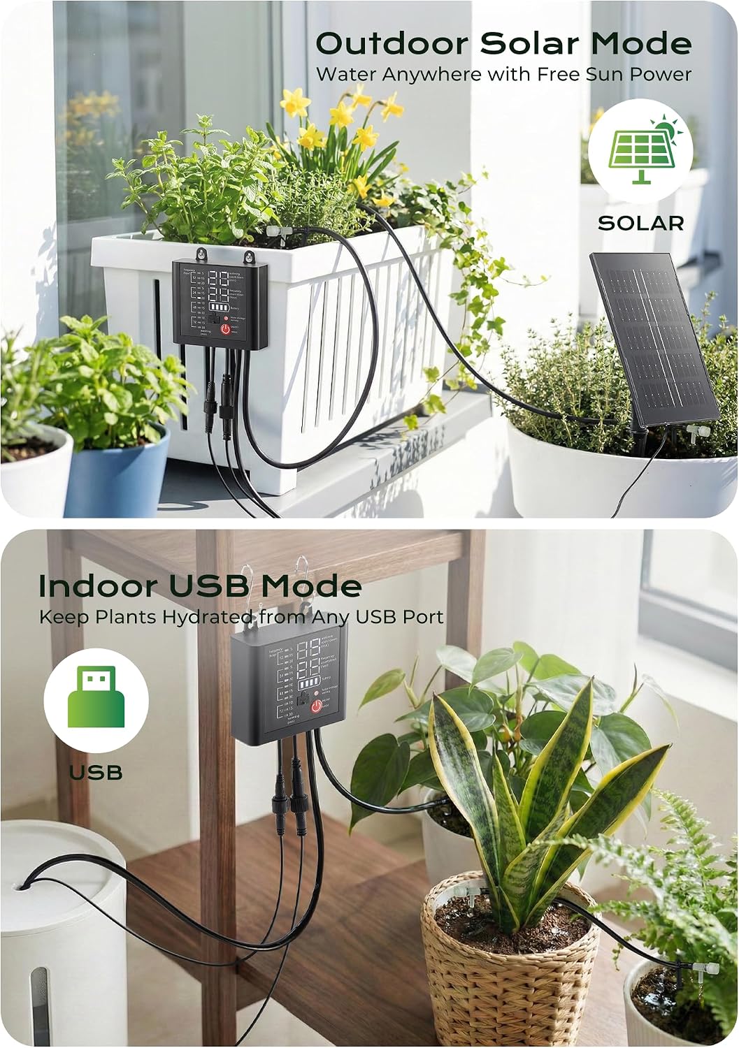 49ft Solar Drip Irrigation System with USB Charging for 15 Potted Plants | Plant Watering Devices, Automatic Watering