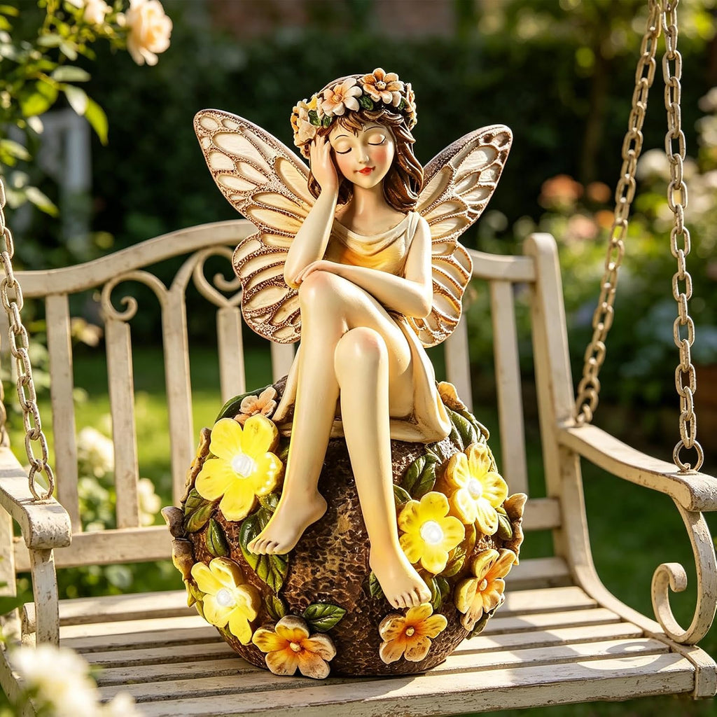 Solar Fairy Statue Sitting on the Flower Ball Light 6.8"Angel Statues | for Garden Yard Patio Porch Lawn Decor Resin