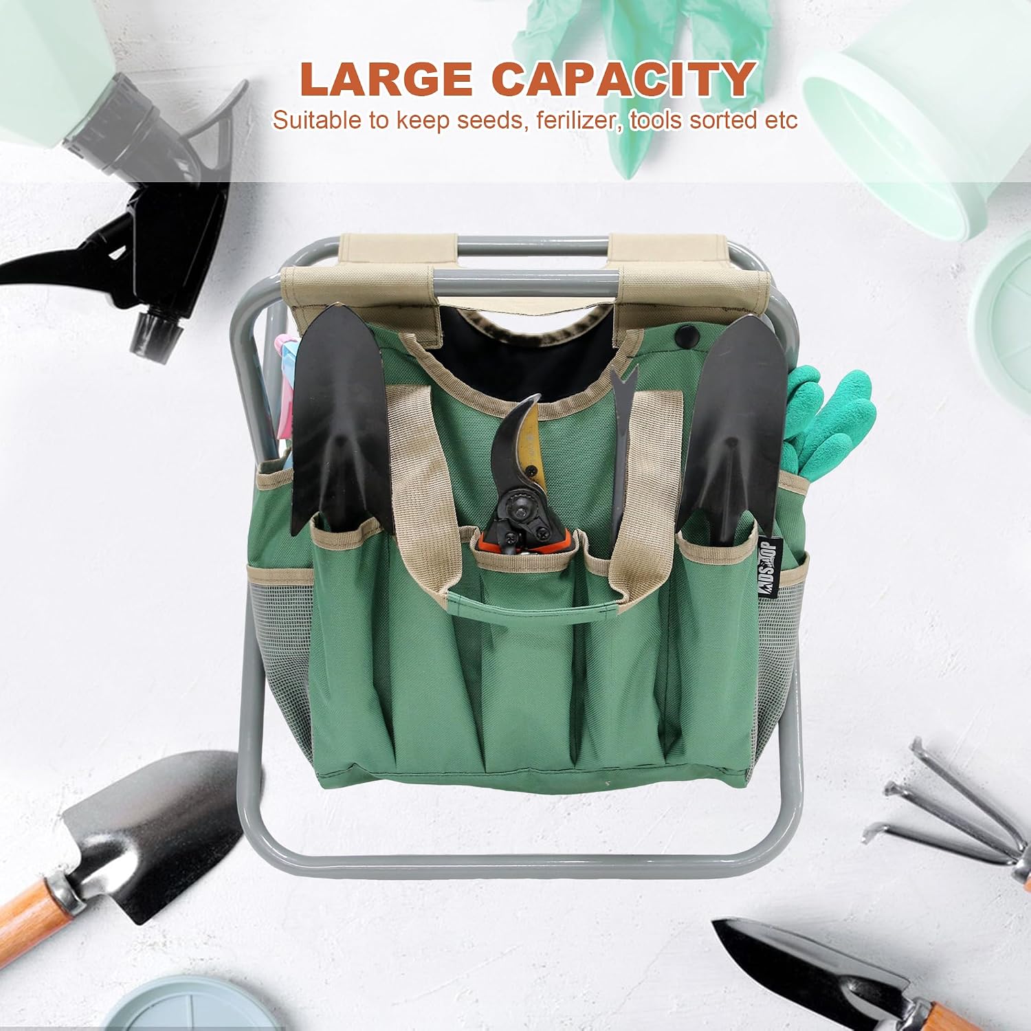 Folding Gardening Stool with Detachable Storage Tote Bag, Gardening Tools Set Organizer for Fishing Outdoor Sports