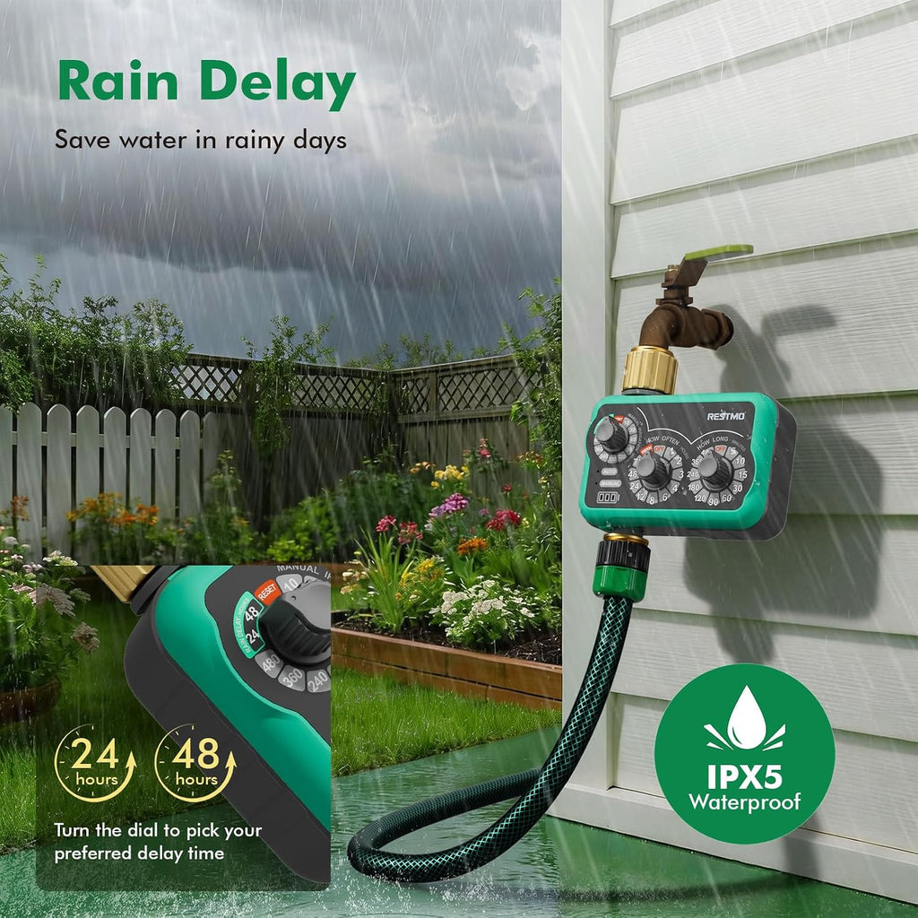 RESTMO 3-Dial Analog Sprinkler Timer, Mechnical Water Timer for Outdoor | Brass Inlet & Outlet, Manual/Rain Delay
