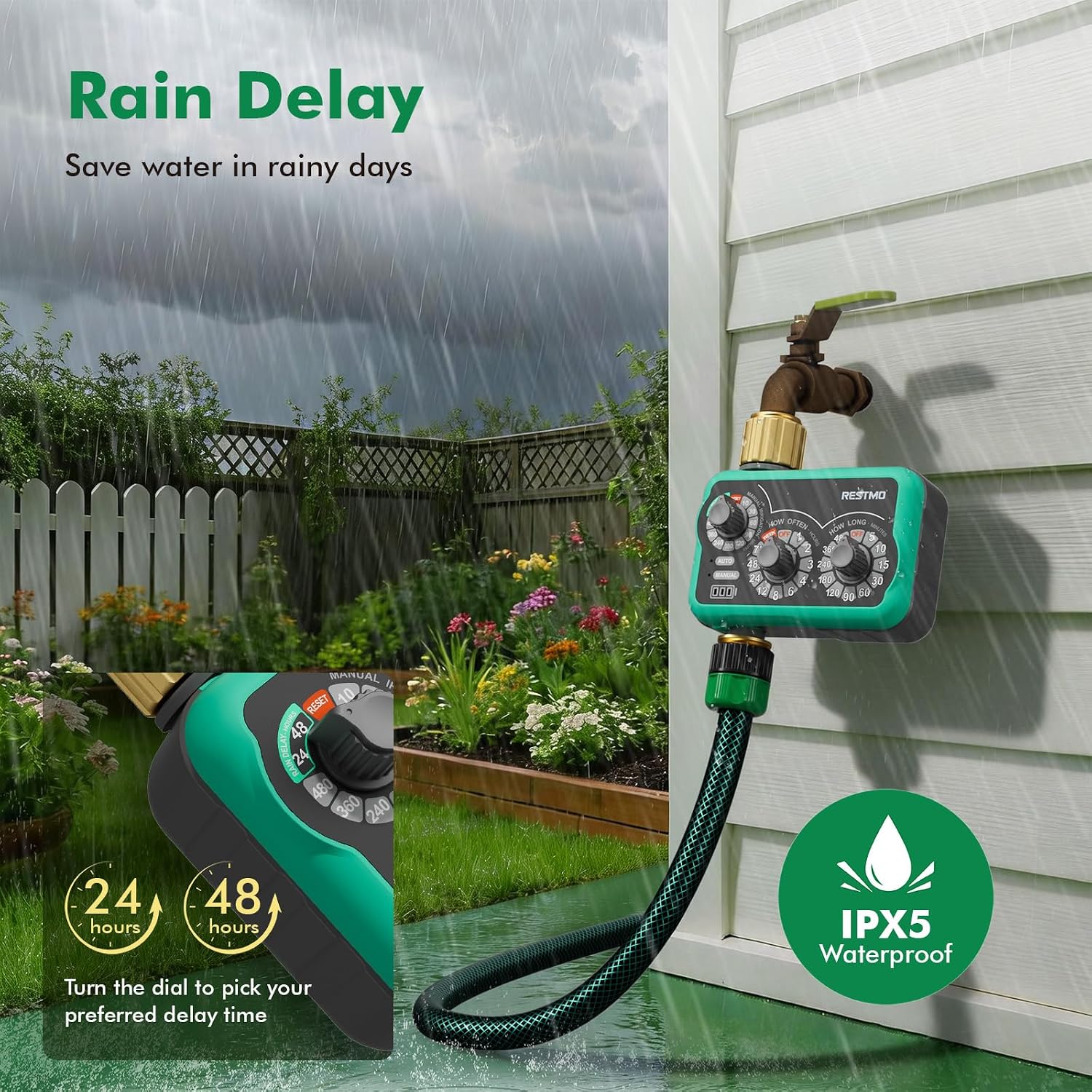 RESTMO 3-Dial Analog Sprinkler Timer, Mechnical Water Timer for Outdoor | Brass Inlet & Outlet, Manual/Rain Delay
