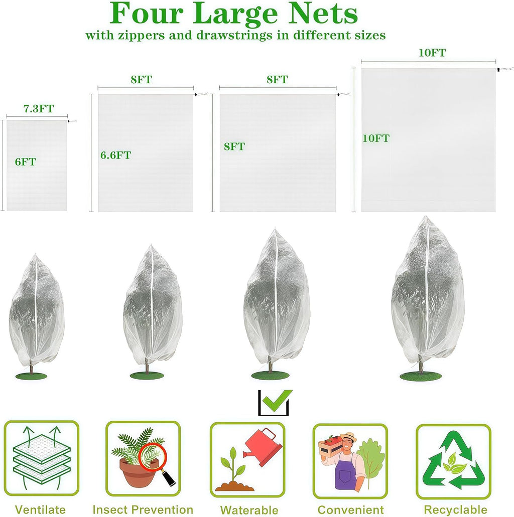 Drawstring & Zipper 2 Pack 8x8 FT Fruit Tree Netting Cover - Easy Install - Reusable Bird Netting for Blueberry