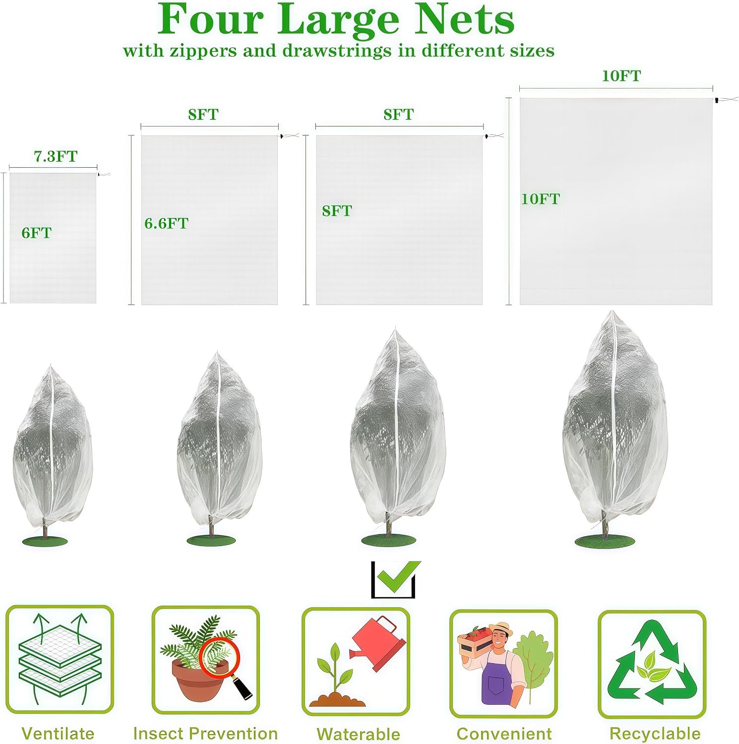 Drawstring & Zipper 2 Pack 8x8 FT Fruit Tree Netting Cover - Easy Install - Reusable Bird Netting for Blueberry