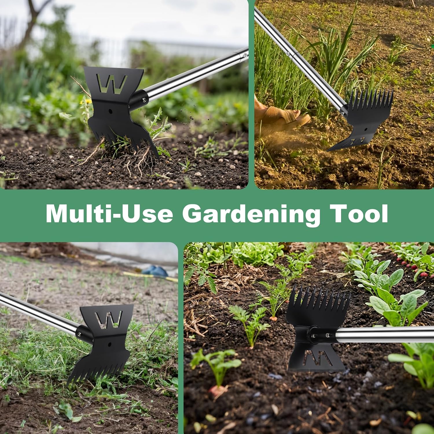 Larger Weed Puller Tool with Long Handle, 2-in-1 Heavy Duty Weed Rake & Hoe | 10 Teeth Weeding Rake, 57" Long Handle