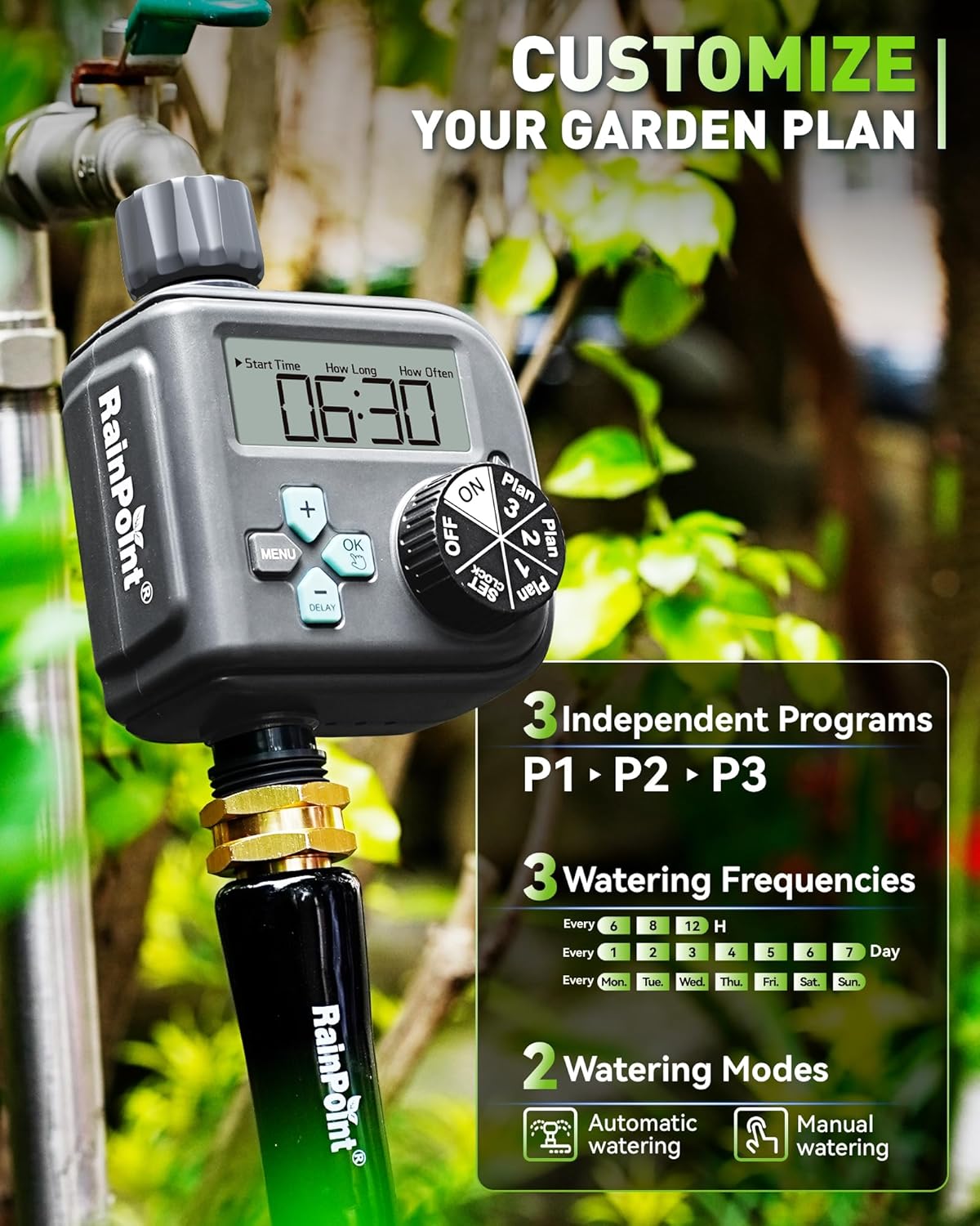 RAINPOINT Sprinkler Timer with 3 Independent Programs, Hose Timer with Rain Delay/Manual/Automatic Irrigation System