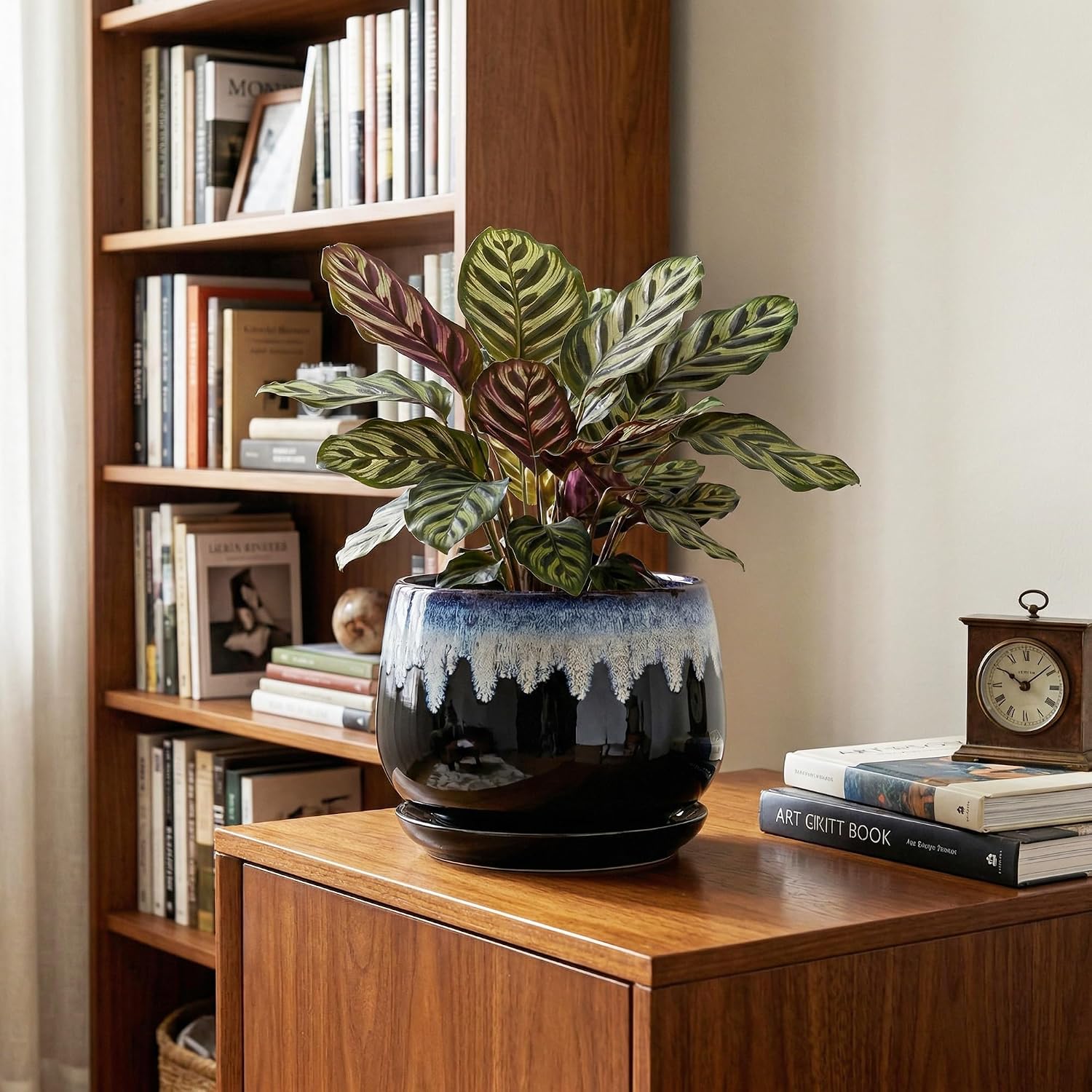 Ceramic Plant Pots 7 Inch - Ceramic Planter with Drainage Hole and Saucer, Decorative Flower Pots for Indoor Plants