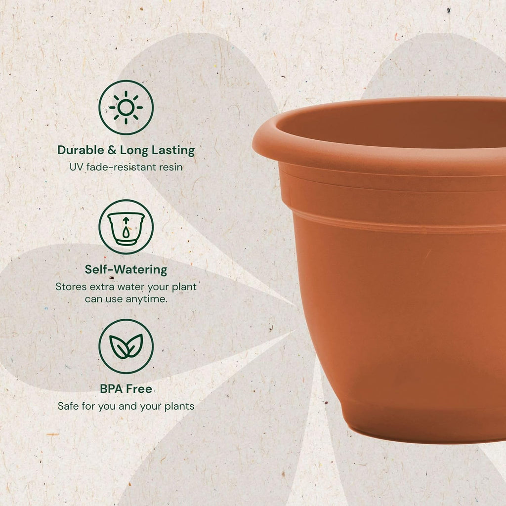 Bloem Ariana 12" Plastic Self-Watering Planter, Terra Cotta, 2-Pack | Self-watering disk at the bottom of each pot that