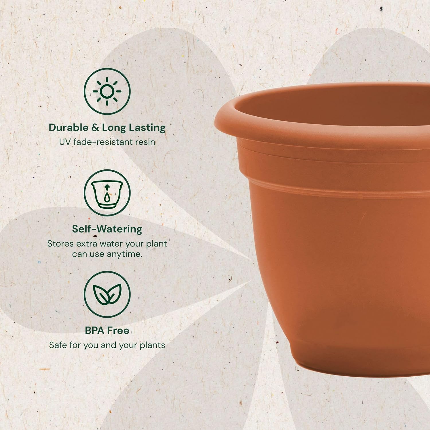 Bloem Ariana 12" Plastic Self-Watering Planter, Terra Cotta, 2-Pack | Self-watering disk at the bottom of each pot that