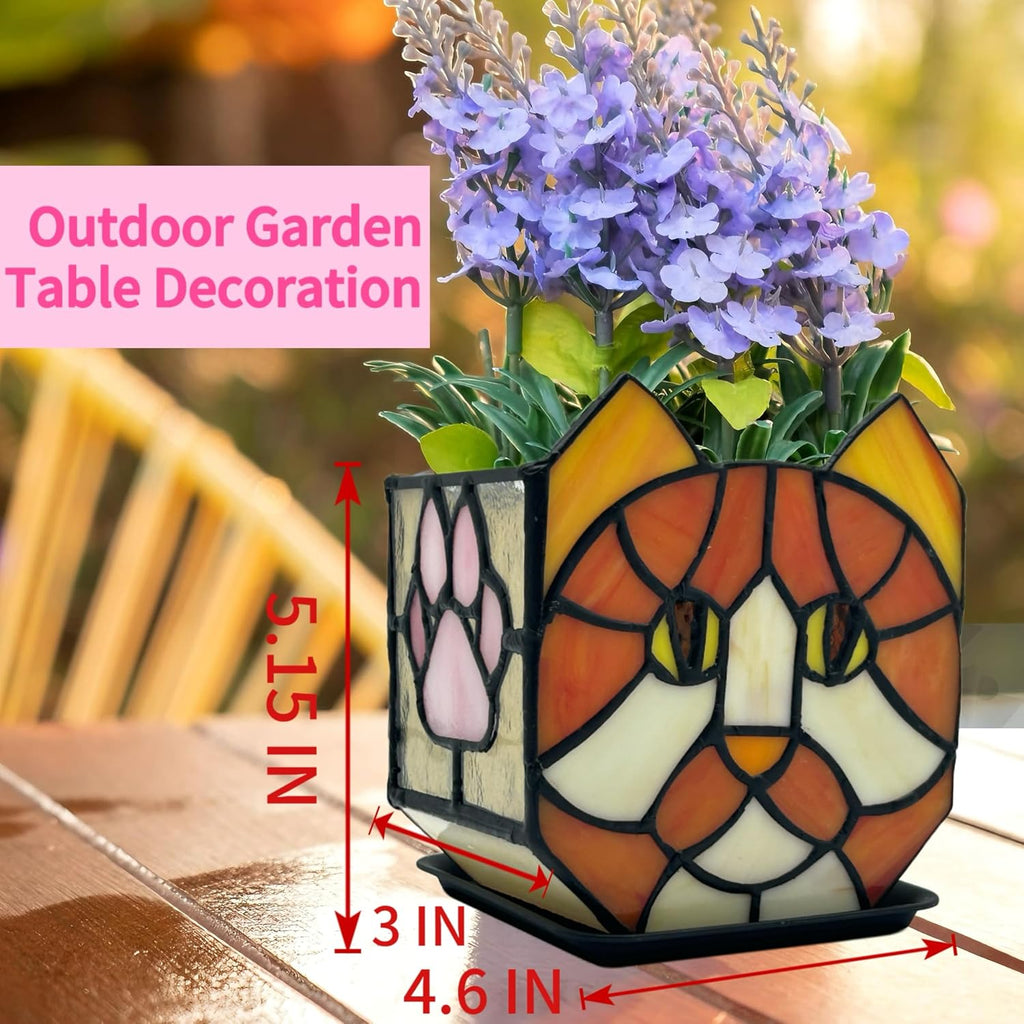 Stained Glass Orange Cat Planter,Indoor Flower Pots with Drainage,Cute Succulent Planter,Unique Orange Cat Flower