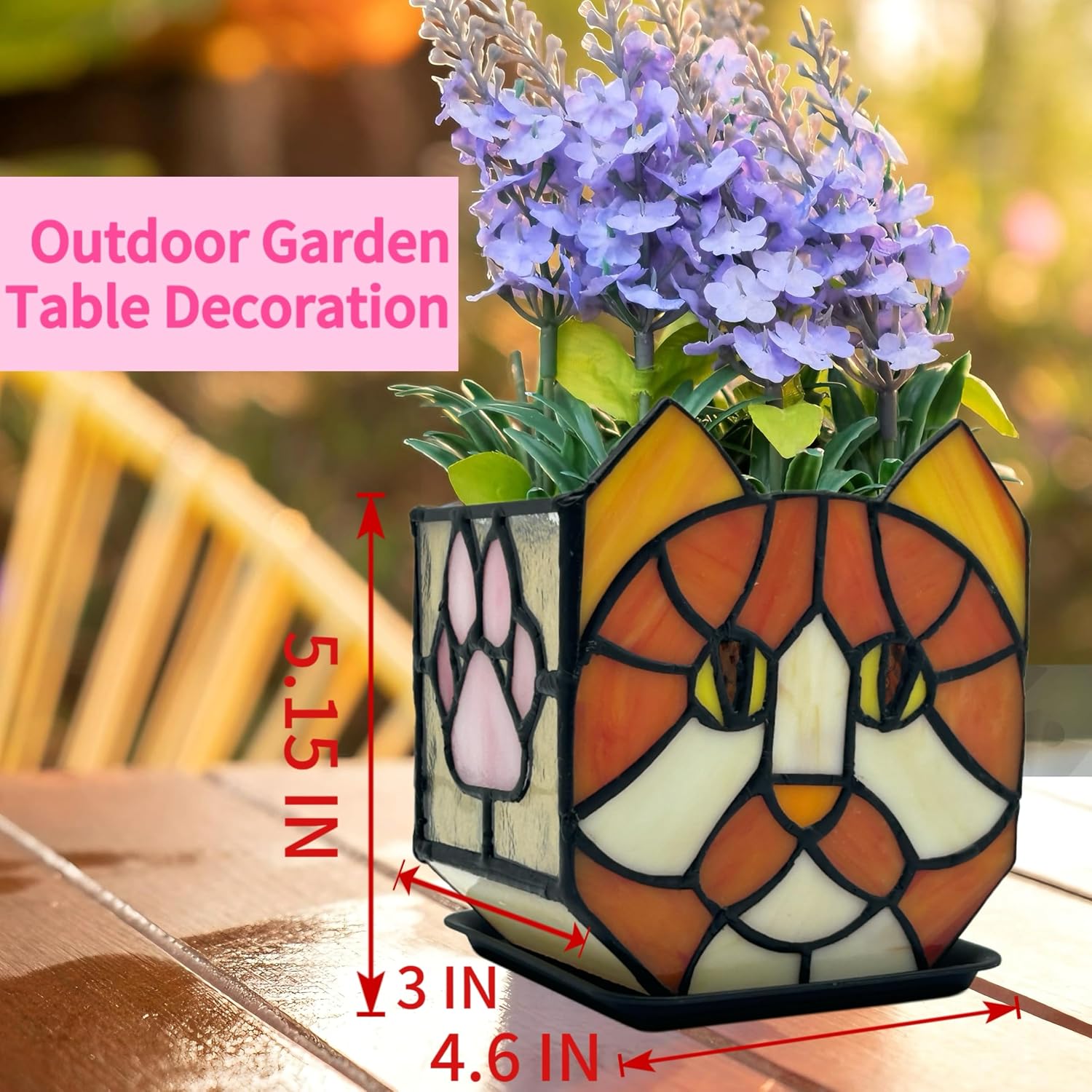 Stained Glass Orange Cat Planter,Indoor Flower Pots with Drainage,Cute Succulent Planter,Unique Orange Cat Flower