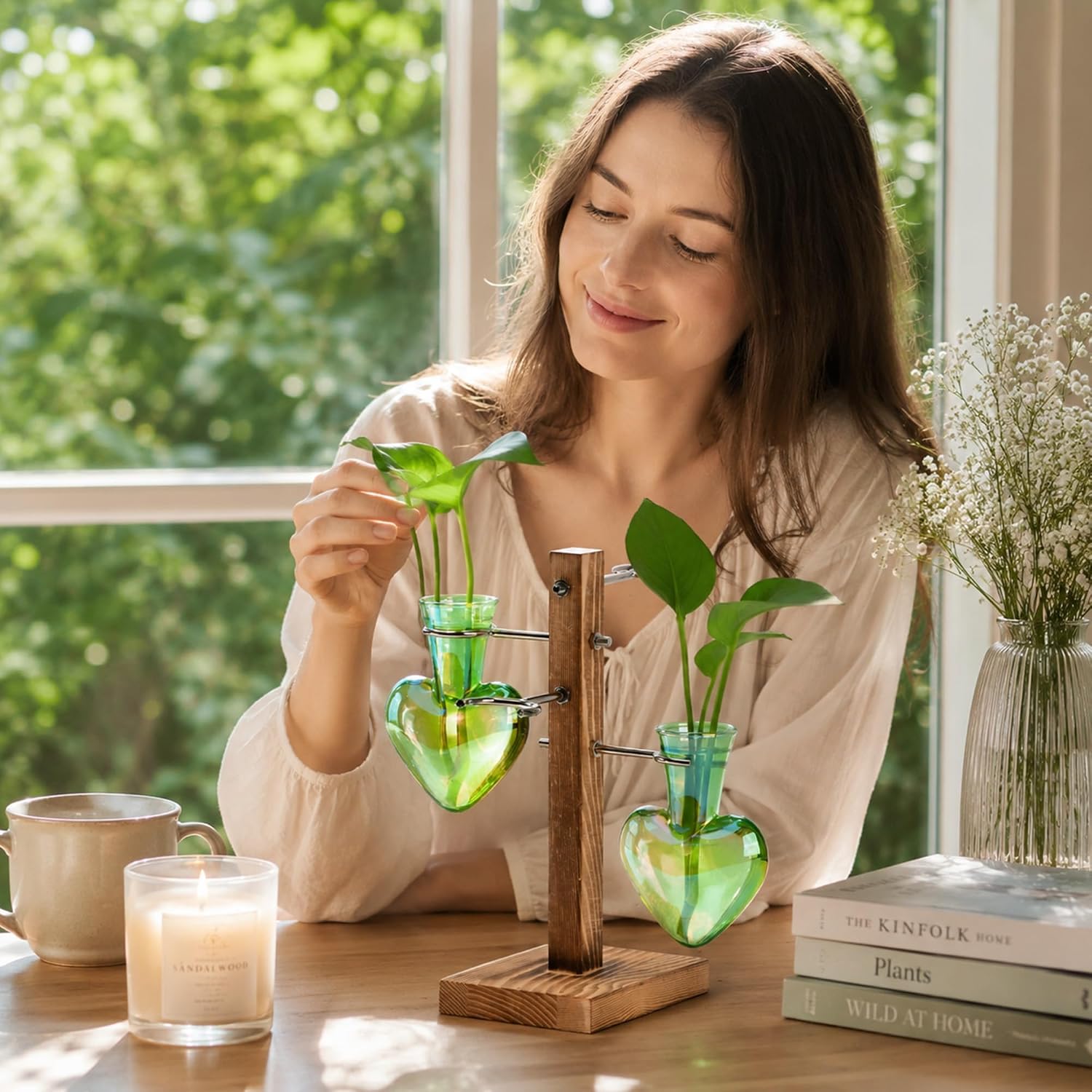 Plant Terrarium Propagation Stations: Green Vase with Wooden Stand | 4 Irised Crystal Glass, Heart Shaped, Home Table