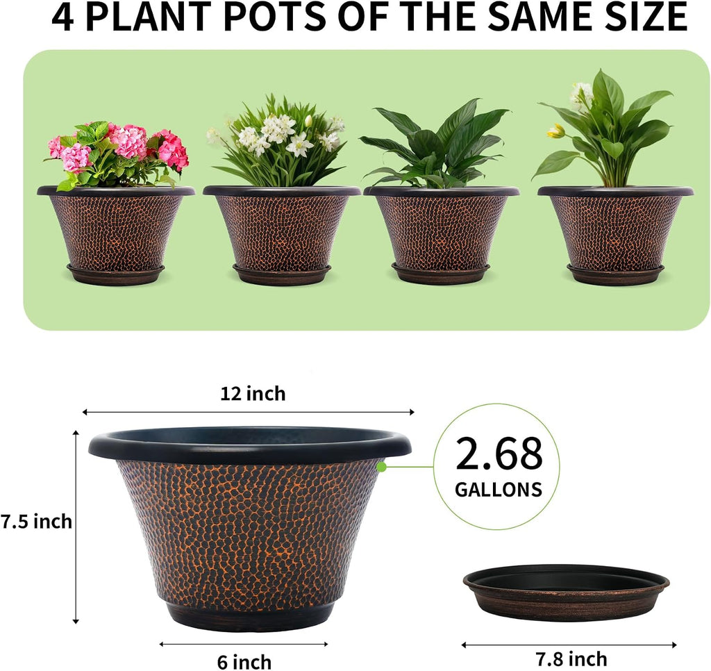 Quarut 12 Inch Pots for Plants,4 Pack Large Flower Pots with Drainage Hole | Modern Planters for Indoor Outdoor