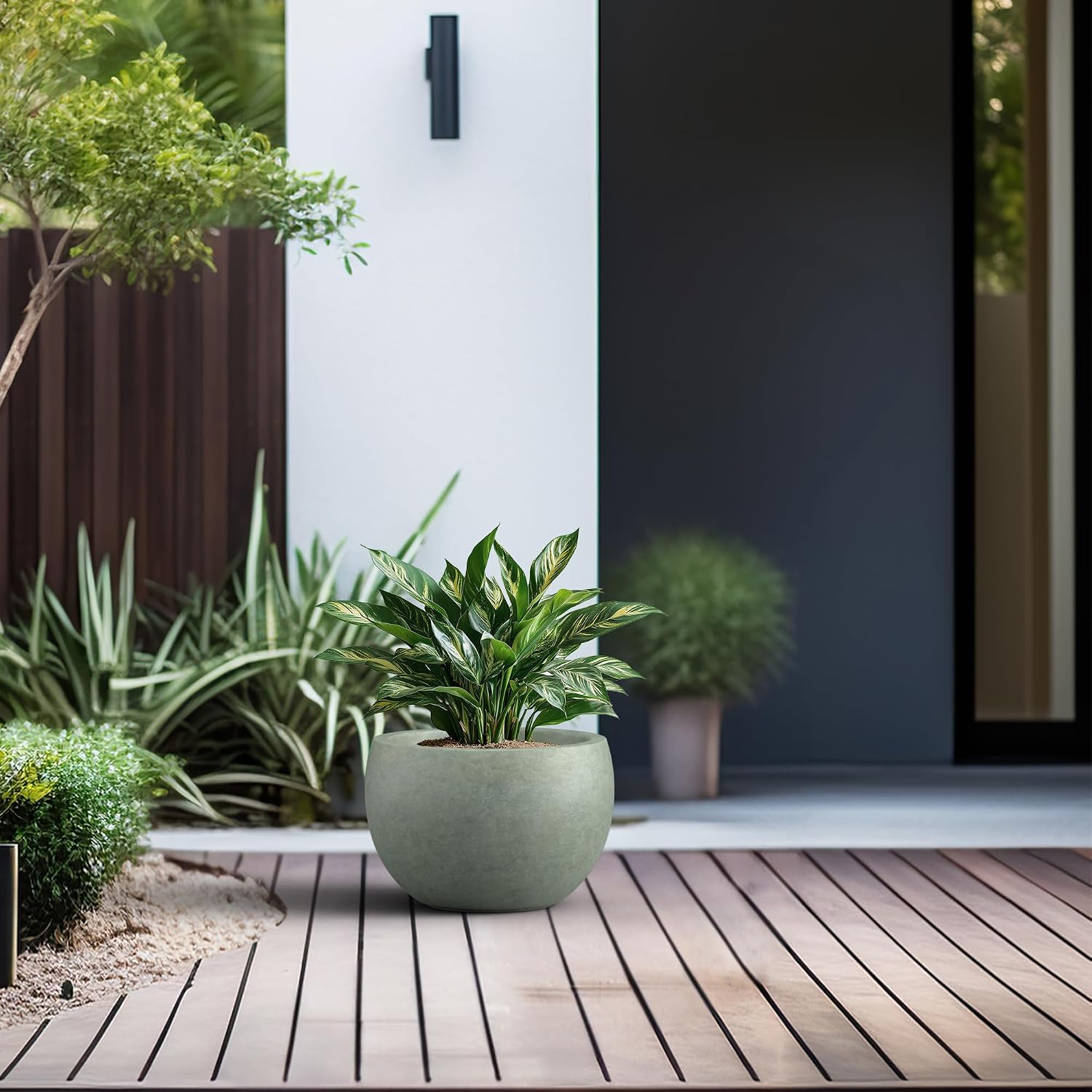 Kante Large Round Bowl Mint Green Concrete Planter 19.9" Dia, Outdoor | Rubber Plug for Indoor, Drainage for Garden