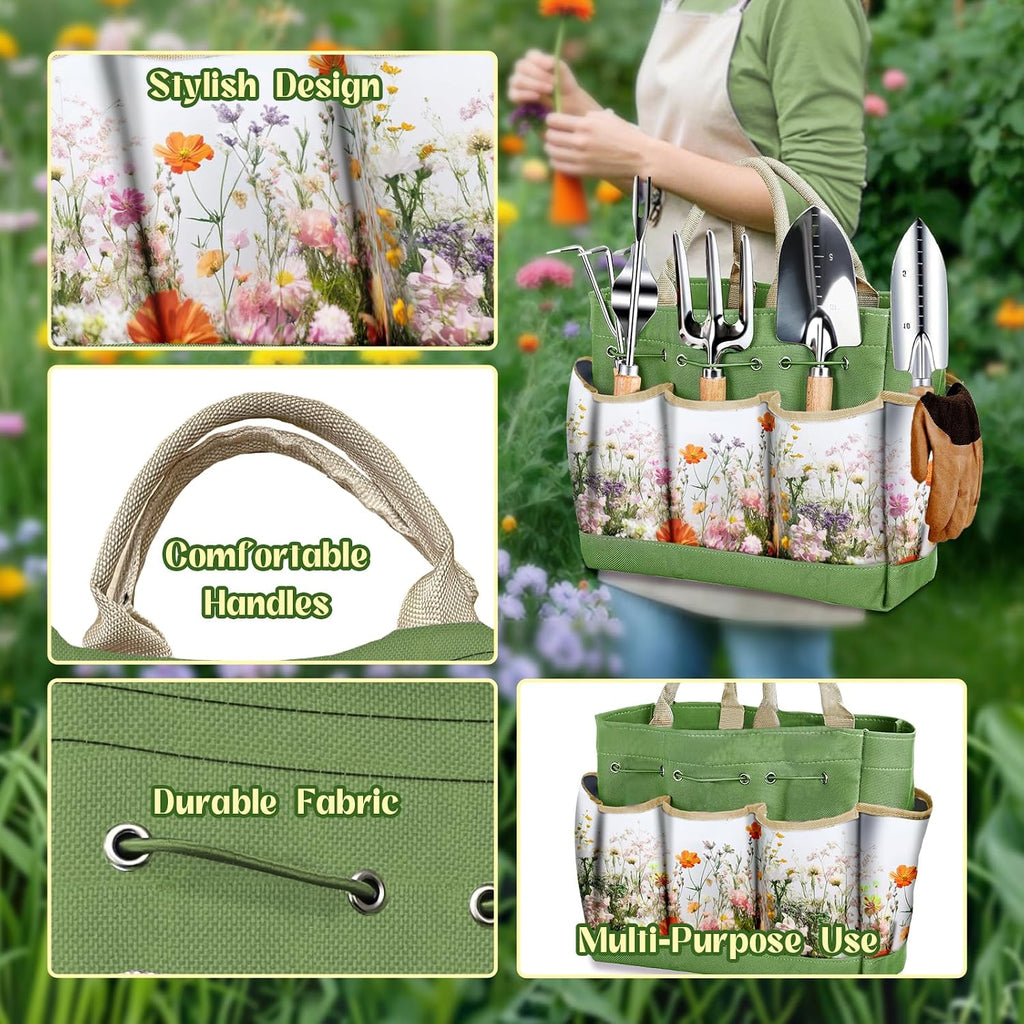 Garden Tools 9 Pcs Heavy Duty Gardening Tool Set Green Tote Bag Men Women | 9-Piece Gardening Gifts, Rust-Proof