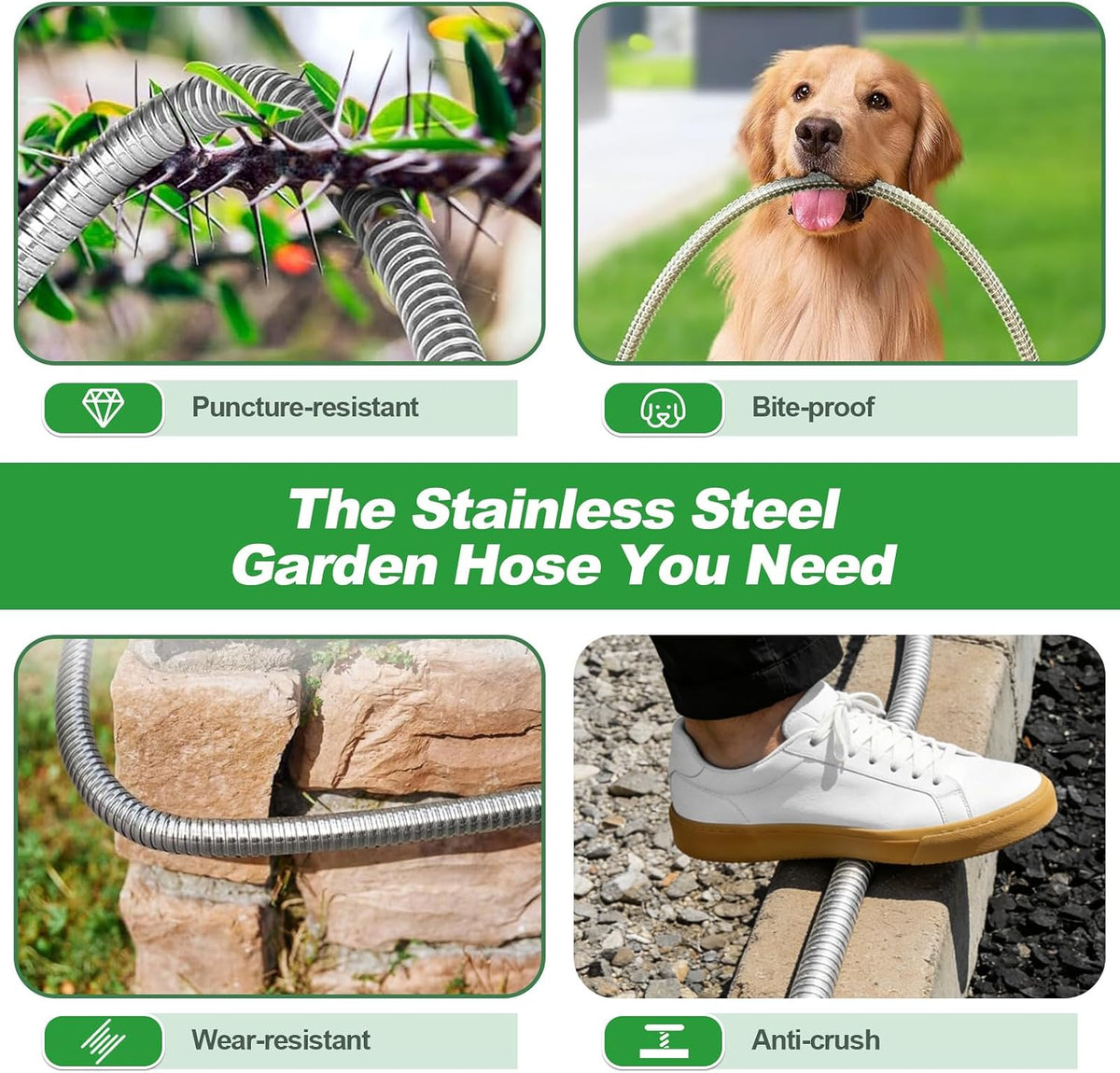 Garden Hose 50FT, Stainless Steel Metal Water Hose with 10-Function Nozzle | No-Kink, Leak-Proof, Wear-Resistant, 3/4