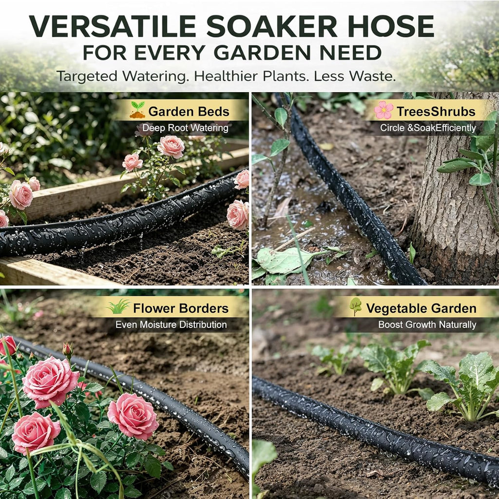 Flat Soaker Hose 25 ft 3-Pack with Splitter, 80% Water-Saving Drip Irrigation Hose 75 ft, Linkable DIY Garden Soaker