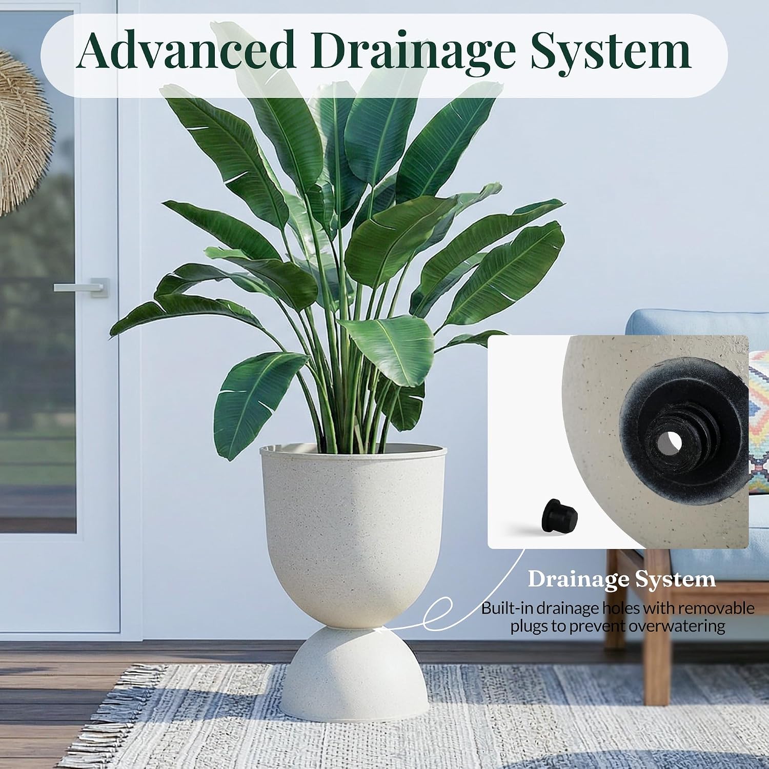 KOL Planters Flower Pots, Plastic Urn Planters for Indoor Outdoor Plants, Beige Pedestal Planter Pots 2 Pack, 15 Inch