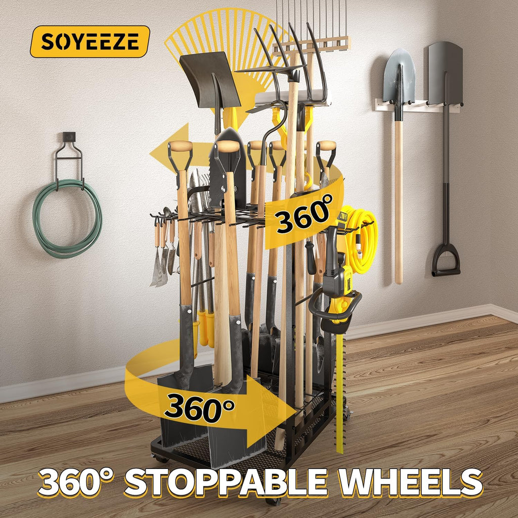 SOYEEZE Garden Tool Organizer with Lockable Wheels, Heavy Duty 3-Tier Yard Tower Tool Rack for Garage, Holds Up to 35