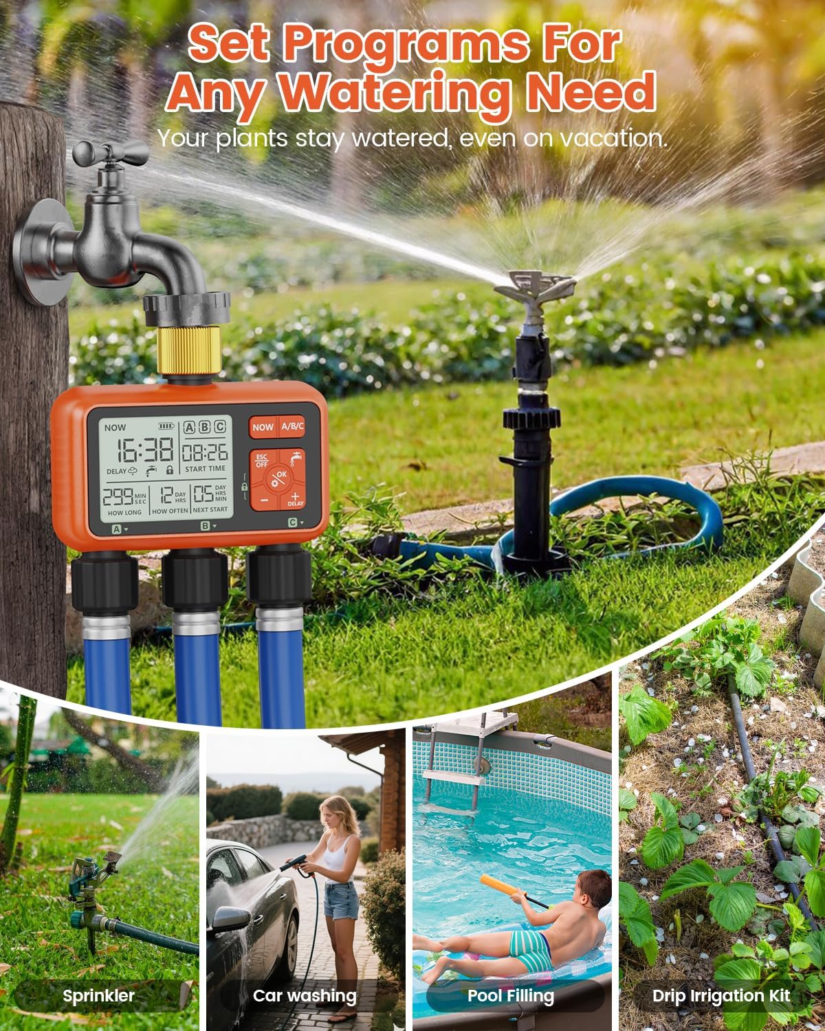Sprinkler Timer 3 Zone with Brass Inlet Water Timer for Garden | Programmable Hose Faucet Controller with Independent