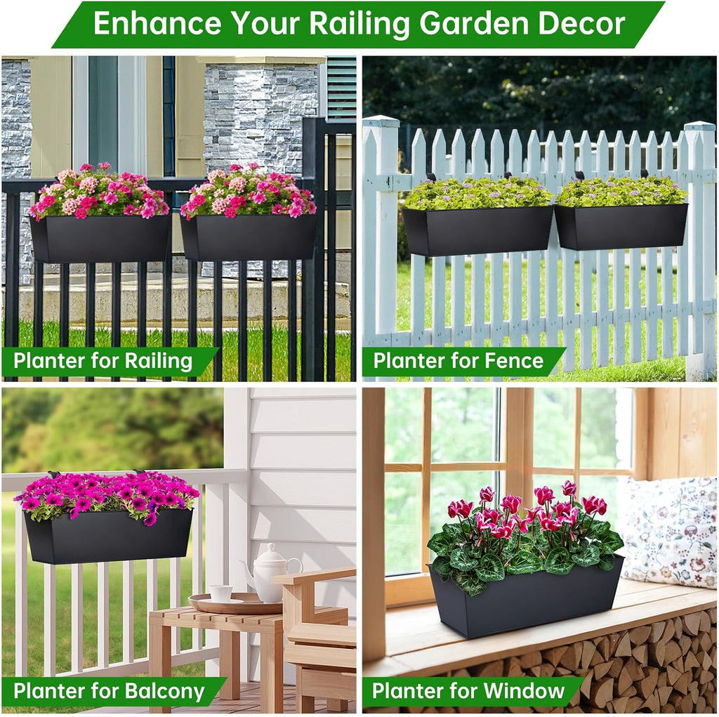 16“ Large Hanging Planters for Outdoor Plants, Railing Planter Box, 3 Pack | Balcony Planters with Detachable Wide