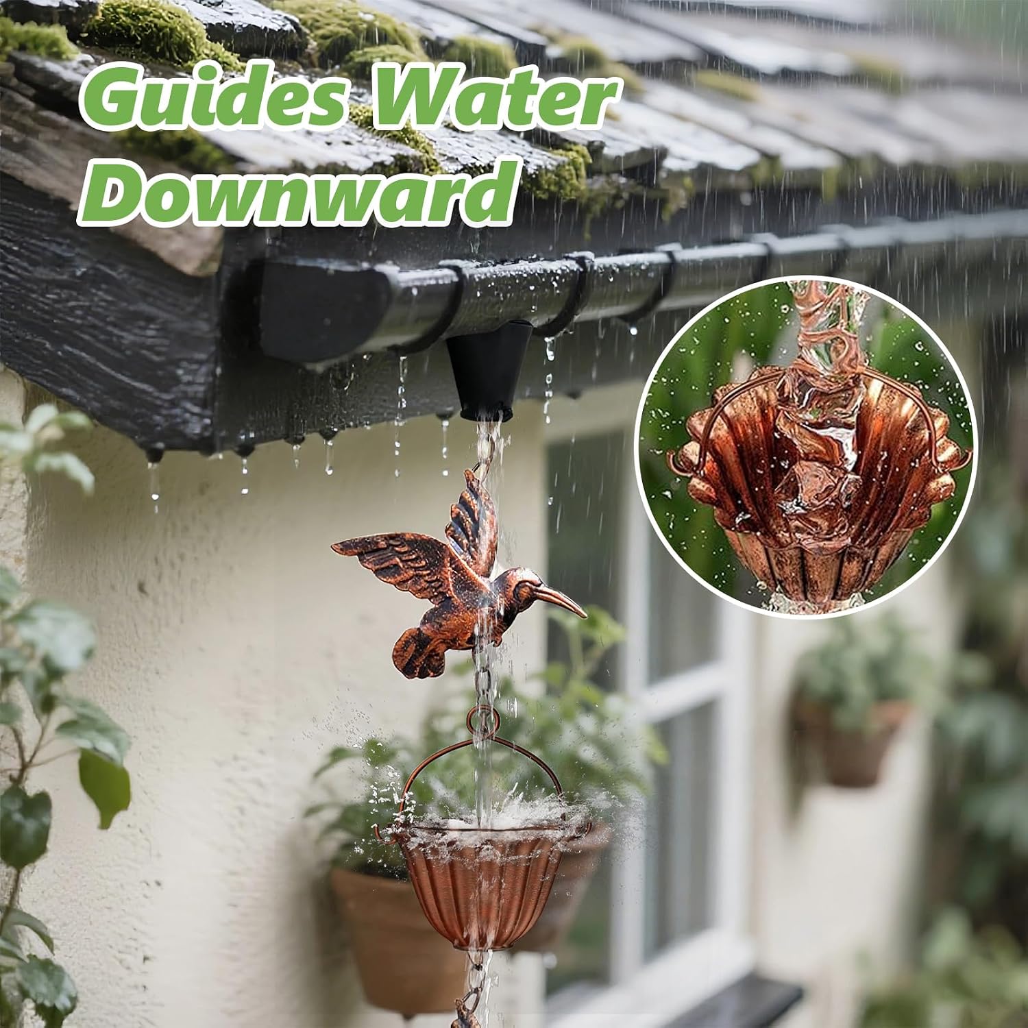 8.8ft Copper Rain Chains - Hummingbird Rain Chains for Gutters | Adjustable Decorative Steel Hanging Rain Hutter with 6
