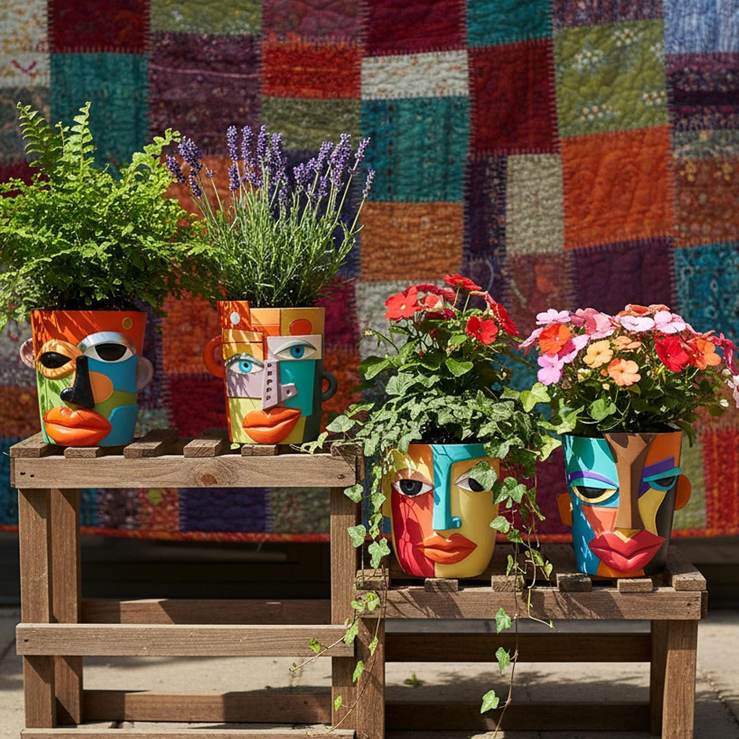 Abstract Face Planter Pot, Modern Face Planter for Indoor Plants, Colorful Cubist-Inspired Resin Plant Pot for