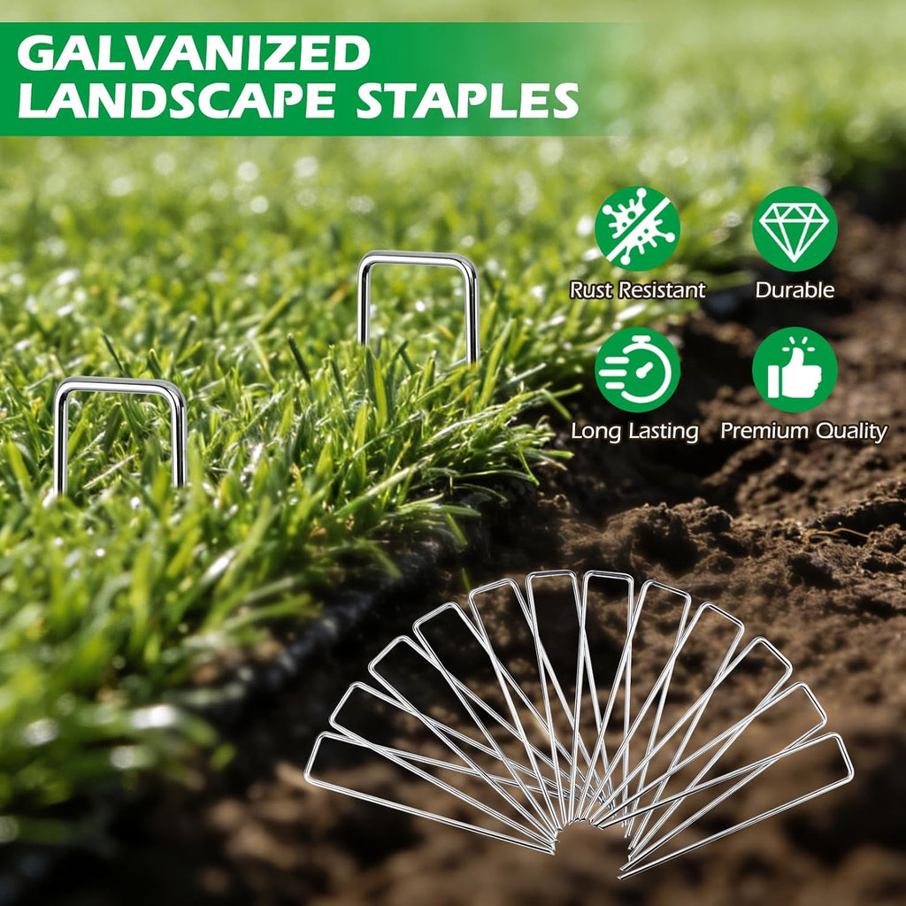 100 Pack Landscape Staples and 100 Pack Gaskets,6in Long 9 Gauge Galvanized Steel Garden Staples with Black