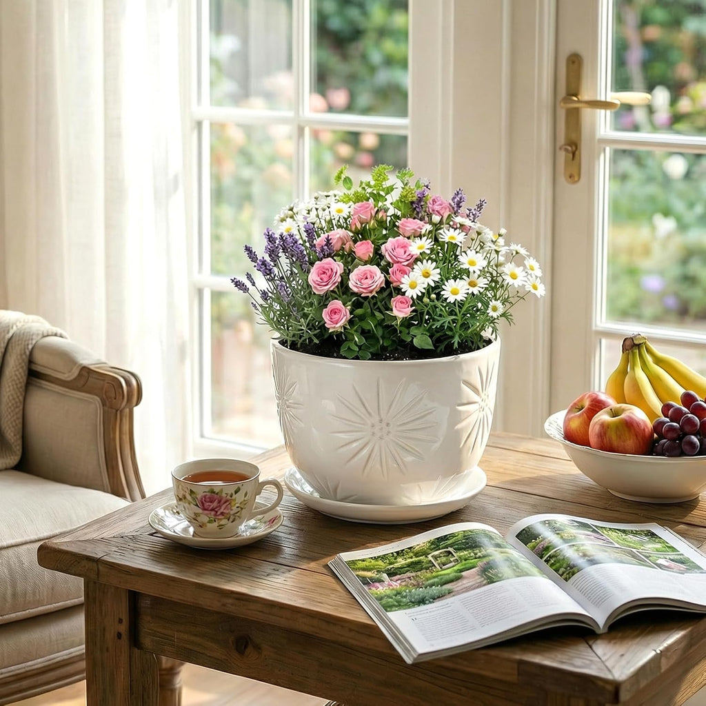 MyGift 7 Inch Round White Ceramic Plant Pot with Drainage Hole and Attached Saucer, Modern Decorative Embossed Sunburst
