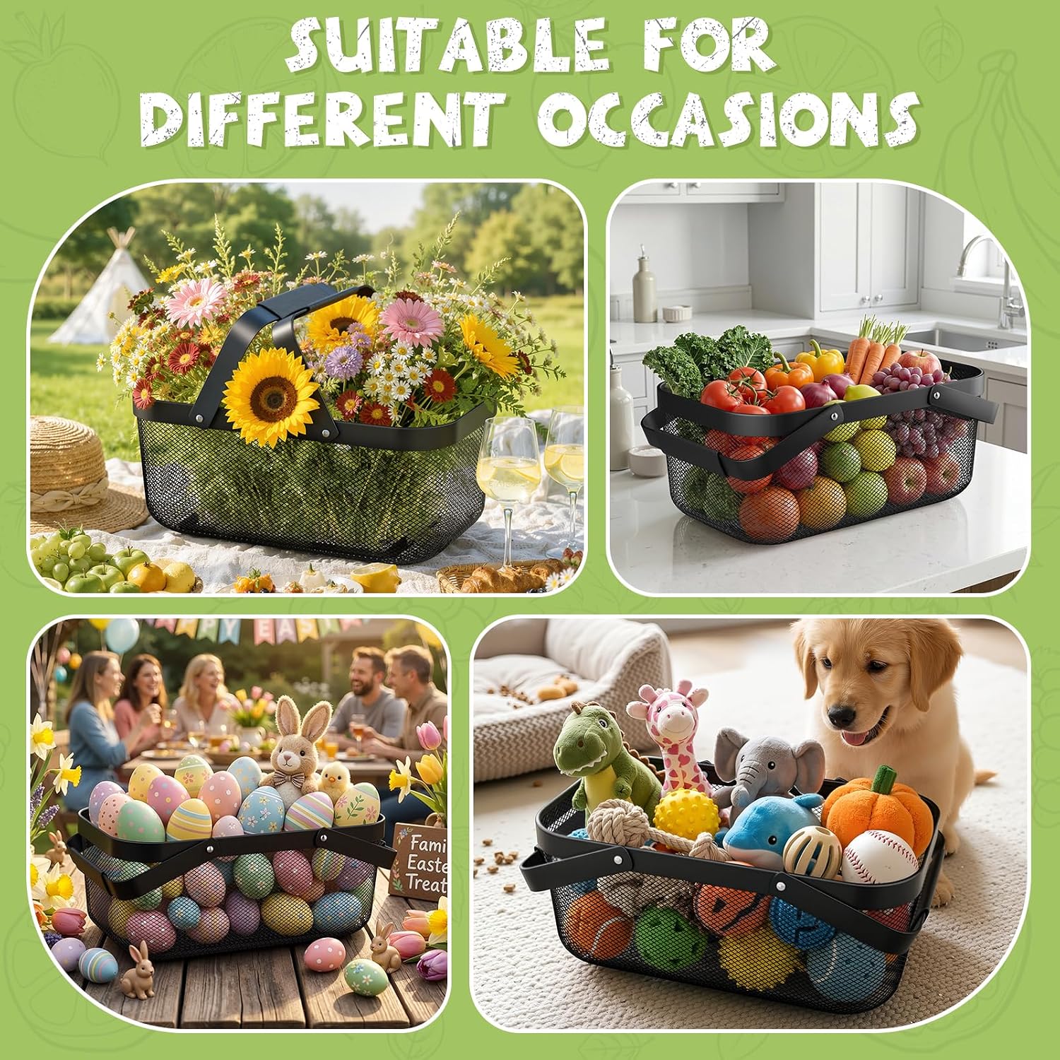 Garden Harvest Basket, Metal Mesh Picking Basket with Attached Handles | No assembly required; attached handles make