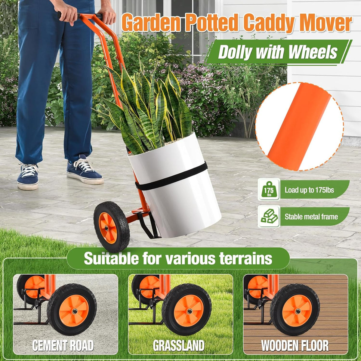 Plant Caddy with Wheels, Heavy Duty Plant Mover Cart with Adjustable Grabbing Arm and Strap, 175 LBS T-Handle Plant